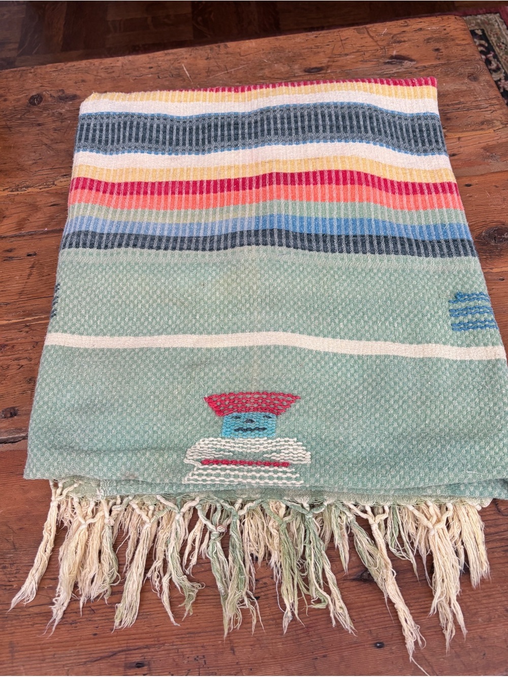 VTG “Mexico” multi cotton throw/tablecloth w frng 46” w x 70” lg retro ethnic